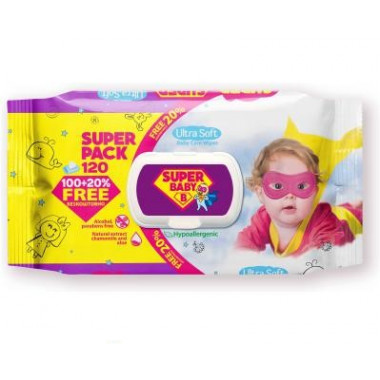 Салфетка влажная для детей Super Baby SuperPack sensetive ромашка та алоэ 72 штук