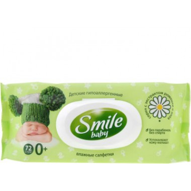 Салфетка влажная SMILE Baby Экстракт ромашки и алоэ с витаминным комплексом 72 штуки с клапаном
